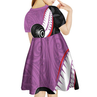 Personalised Aotearoa Lawn Bowls Kid Short Sleeve Dress Maori and Silver Fern Sporty Style Pink Color LT03 - Polynesian Pride
