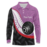 Personalised Aotearoa Lawn Bowls Long Sleeve Polo Shirt Maori and Silver Fern Sporty Style Pink Color LT03 Pink - Polynesian Pride