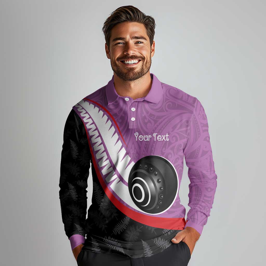 Personalised Aotearoa Lawn Bowls Long Sleeve Polo Shirt Maori and Silver Fern Sporty Style Pink Color LT03 - Polynesian Pride