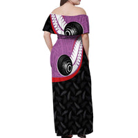 Personalised Aotearoa Lawn Bowls Off Shoulder Maxi Dress Maori and Silver Fern Sporty Style Pink Color LT03 - Polynesian Pride
