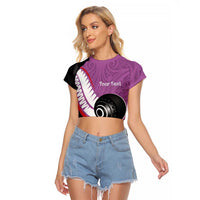 Personalised Aotearoa Lawn Bowls Raglan Cropped T Shirt Maori and Silver Fern Sporty Style Pink Color LT03 Female Pink - Polynesian Pride