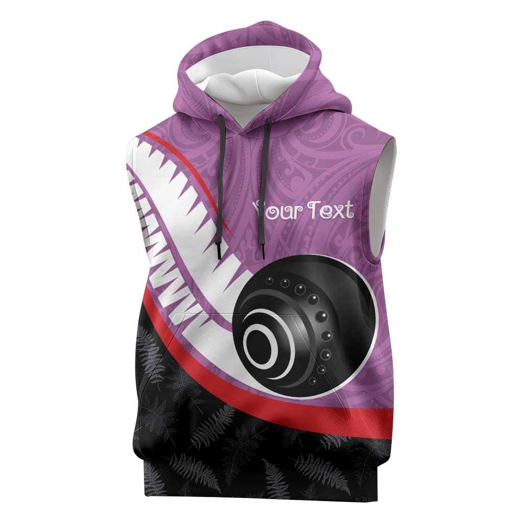 Personalised Aotearoa Lawn Bowls Sleeveless Hoodie Maori and Silver Fern Sporty Style Pink Color - Polynesian Pride