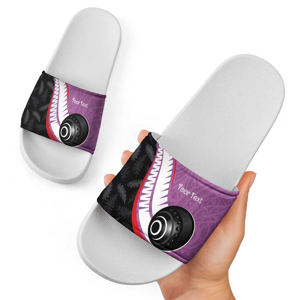 Personalised Aotearoa Lawn Bowls Slide Sandals Maori and Silver Fern Sporty Style Pink Color - Polynesian Pride