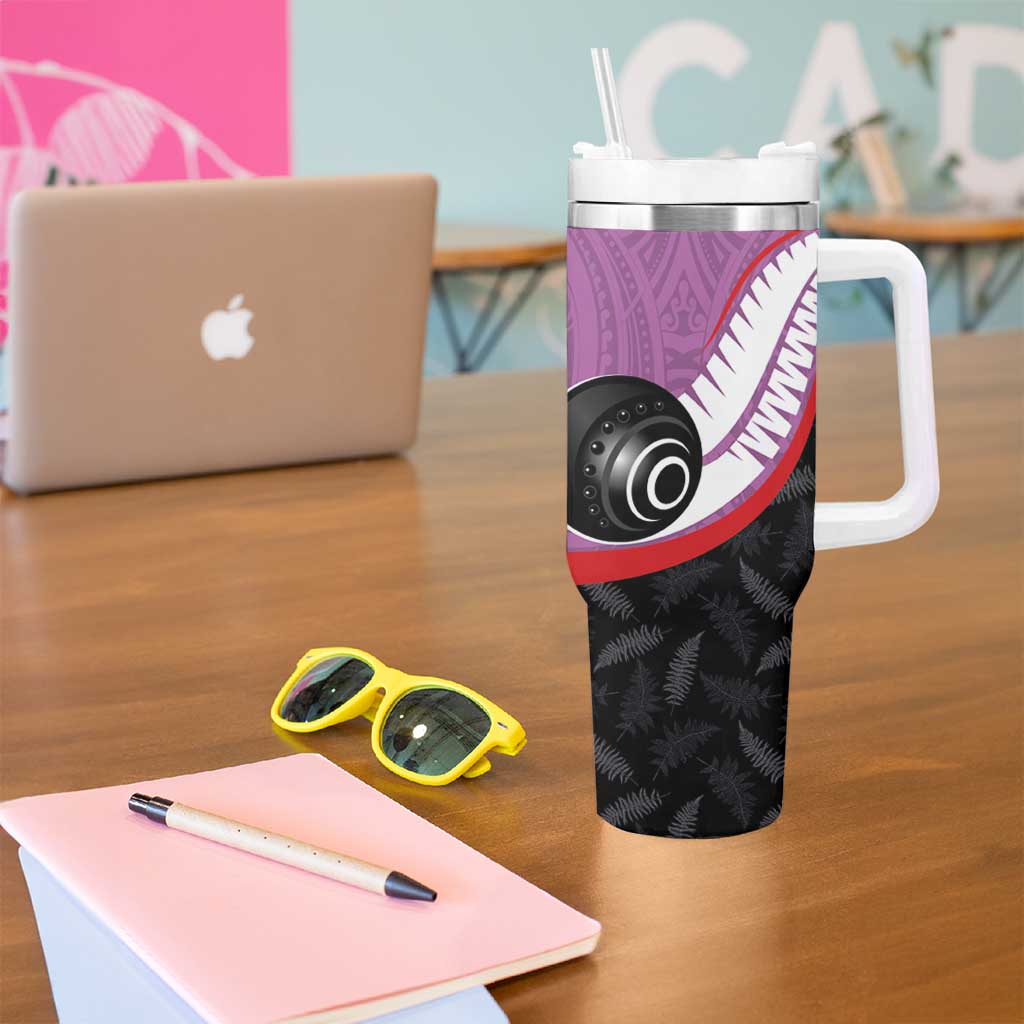 Personalised Aotearoa Lawn Bowls Tumbler With Handle Maori and Silver Fern Sporty Style Pink Color - Polynesian Pride