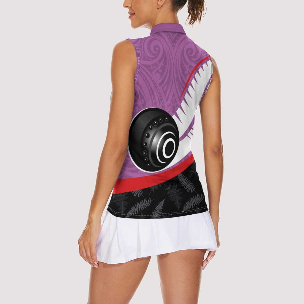 Personalised Aotearoa Lawn Bowls Women Sleeveless Polo Shirt Maori and Silver Fern Sporty Style Pink Color LT03 - Polynesian Pride