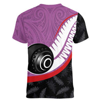 Personalised Aotearoa Lawn Bowls Women V-Neck T-Shirt Maori and Silver Fern Sporty Style Pink Color LT03 - Polynesian Pride