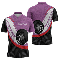 Personalised Aotearoa Lawn Bowls Zipper Polo Shirt Maori and Silver Fern Sporty Style Pink Color LT03 - Polynesian Pride