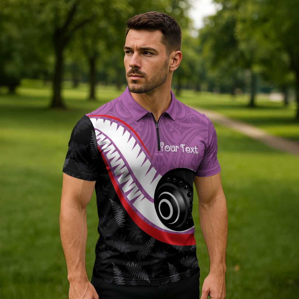Personalised Aotearoa Lawn Bowls Zipper Polo Shirt Maori and Silver Fern Sporty Style Pink Color LT03 - Polynesian Pride