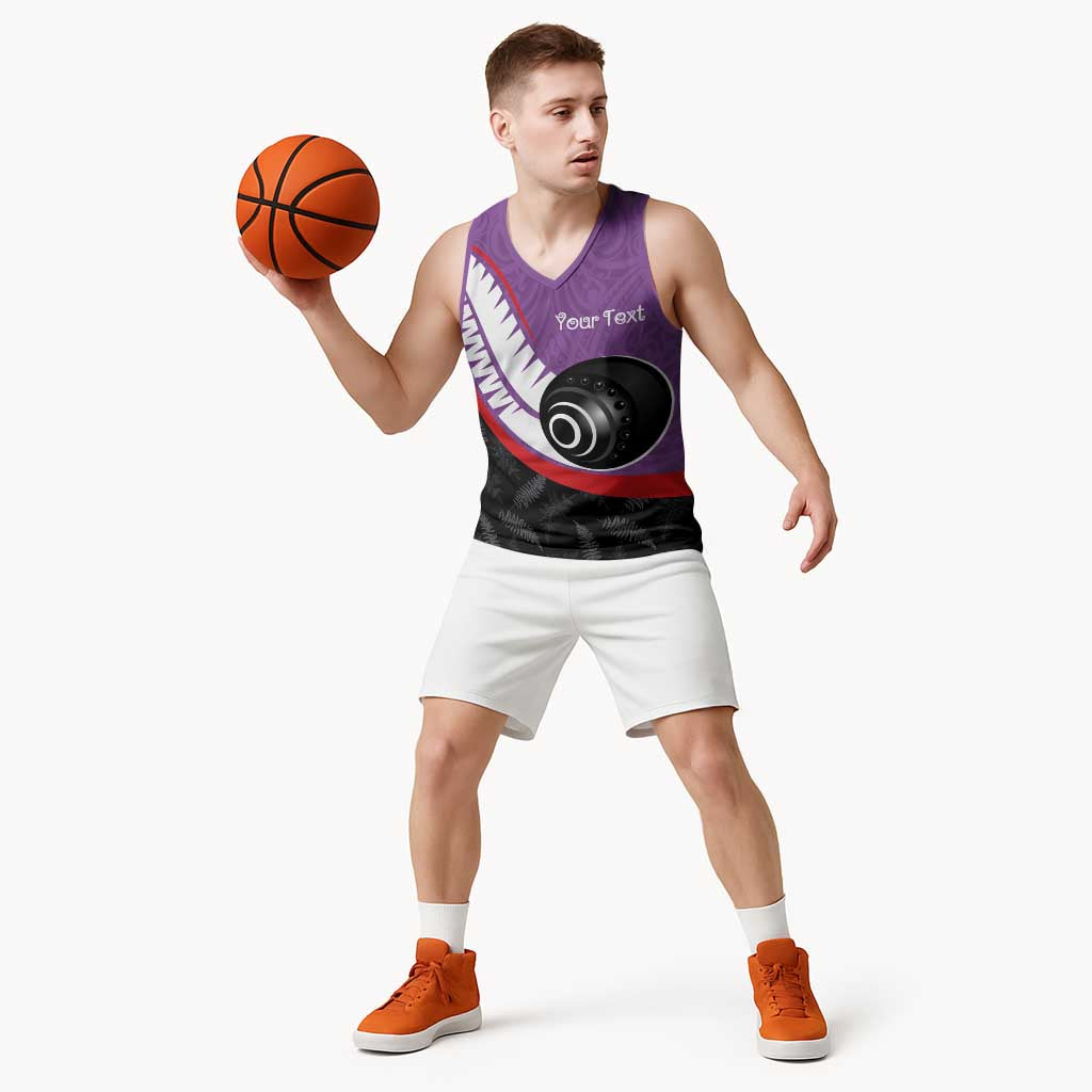 Personalised Aotearoa Lawn Bowls Basketball Jersey Maori and Silver Fern Sporty Style Purple Color LT03 - Polynesian Pride