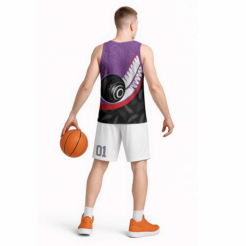 Personalised Aotearoa Lawn Bowls Basketball Jersey Maori and Silver Fern Sporty Style Purple Color LT03 - Polynesian Pride