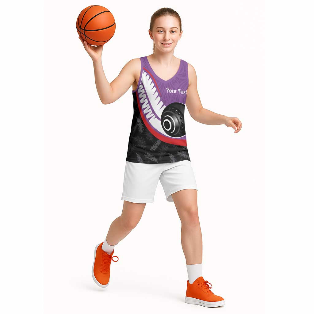 Personalised Aotearoa Lawn Bowls Basketball Jersey Maori and Silver Fern Sporty Style Purple Color LT03 - Polynesian Pride