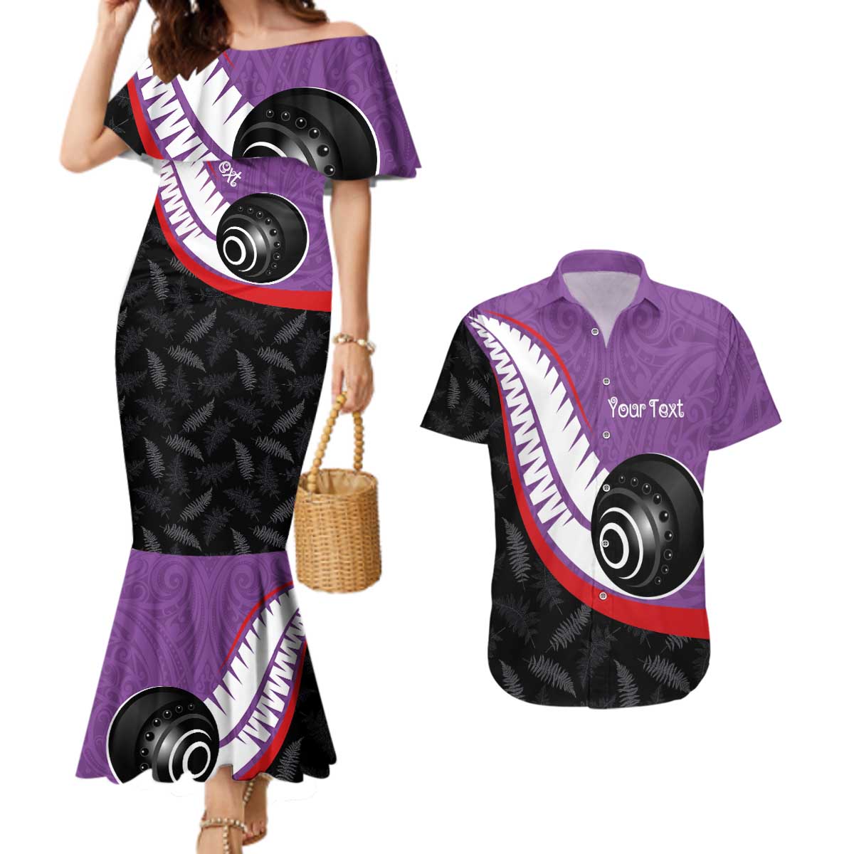 Personalised Aotearoa Lawn Bowls Couples Matching Mermaid Dress and Hawaiian Shirt Maori and Silver Fern Sporty Style Purple Color LT03 Purple - Polynesian Pride