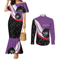 Personalised Aotearoa Lawn Bowls Couples Matching Mermaid Dress and Long Sleeve Button Shirt Maori and Silver Fern Sporty Style Purple Color LT03 Purple - Polynesian Pride