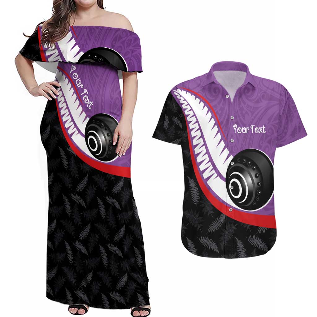 Personalised Aotearoa Lawn Bowls Couples Matching Off Shoulder Maxi Dress and Hawaiian Shirt Maori and Silver Fern Sporty Style Purple Color LT03 Purple - Polynesian Pride
