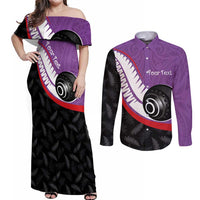 Personalised Aotearoa Lawn Bowls Couples Matching Off Shoulder Maxi Dress and Long Sleeve Button Shirt Maori and Silver Fern Sporty Style Purple Color LT03 Purple - Polynesian Pride