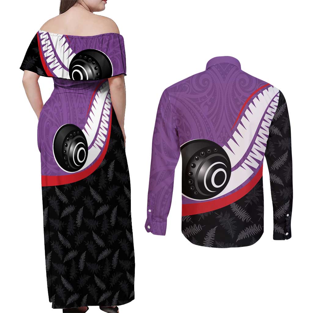 Personalised Aotearoa Lawn Bowls Couples Matching Off Shoulder Maxi Dress and Long Sleeve Button Shirt Maori and Silver Fern Sporty Style Purple Color LT03 - Polynesian Pride