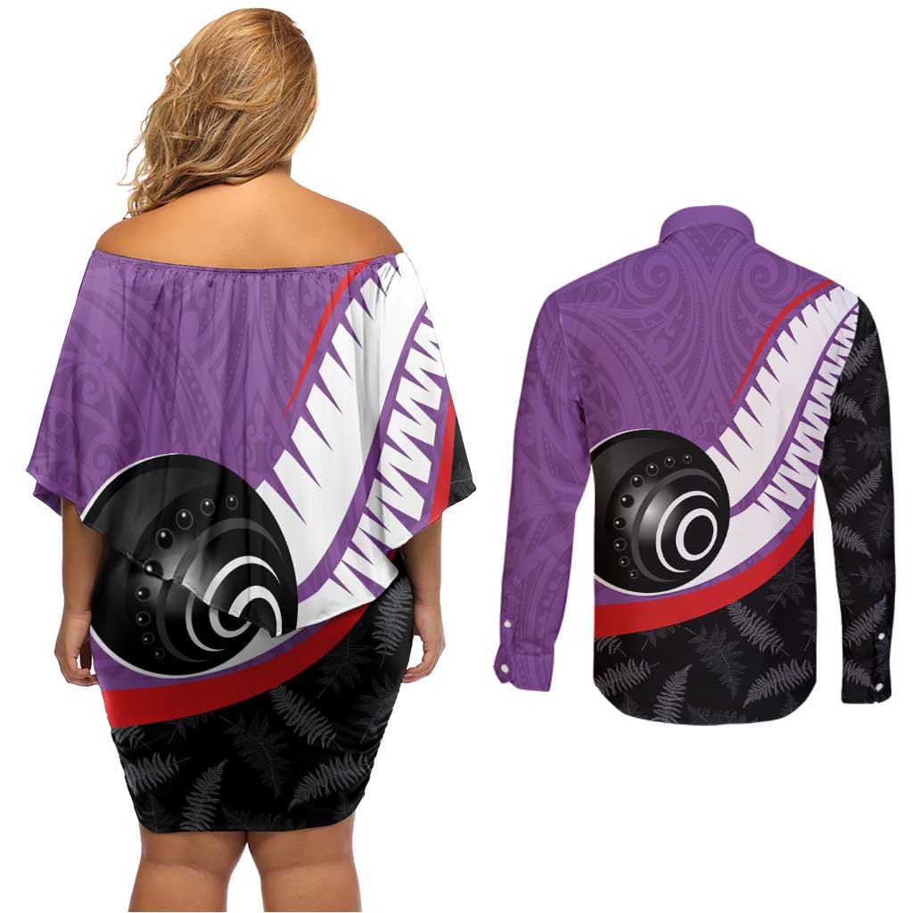 Personalised Aotearoa Lawn Bowls Couples Matching Off Shoulder Short Dress and Long Sleeve Button Shirt Maori and Silver Fern Sporty Style Purple Color LT03 - Polynesian Pride