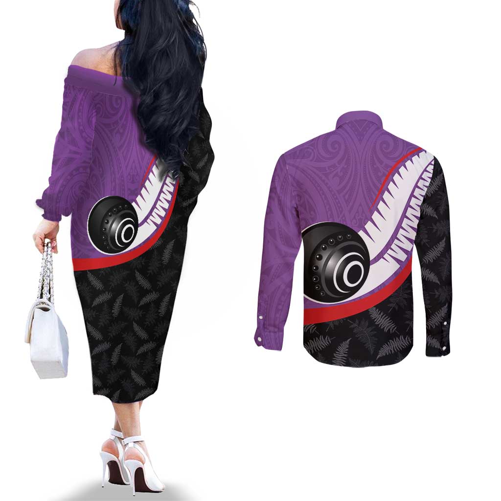 Personalised Aotearoa Lawn Bowls Couples Matching Off The Shoulder Long Sleeve Dress and Long Sleeve Button Shirt Maori and Silver Fern Sporty Style Purple Color LT03 - Polynesian Pride