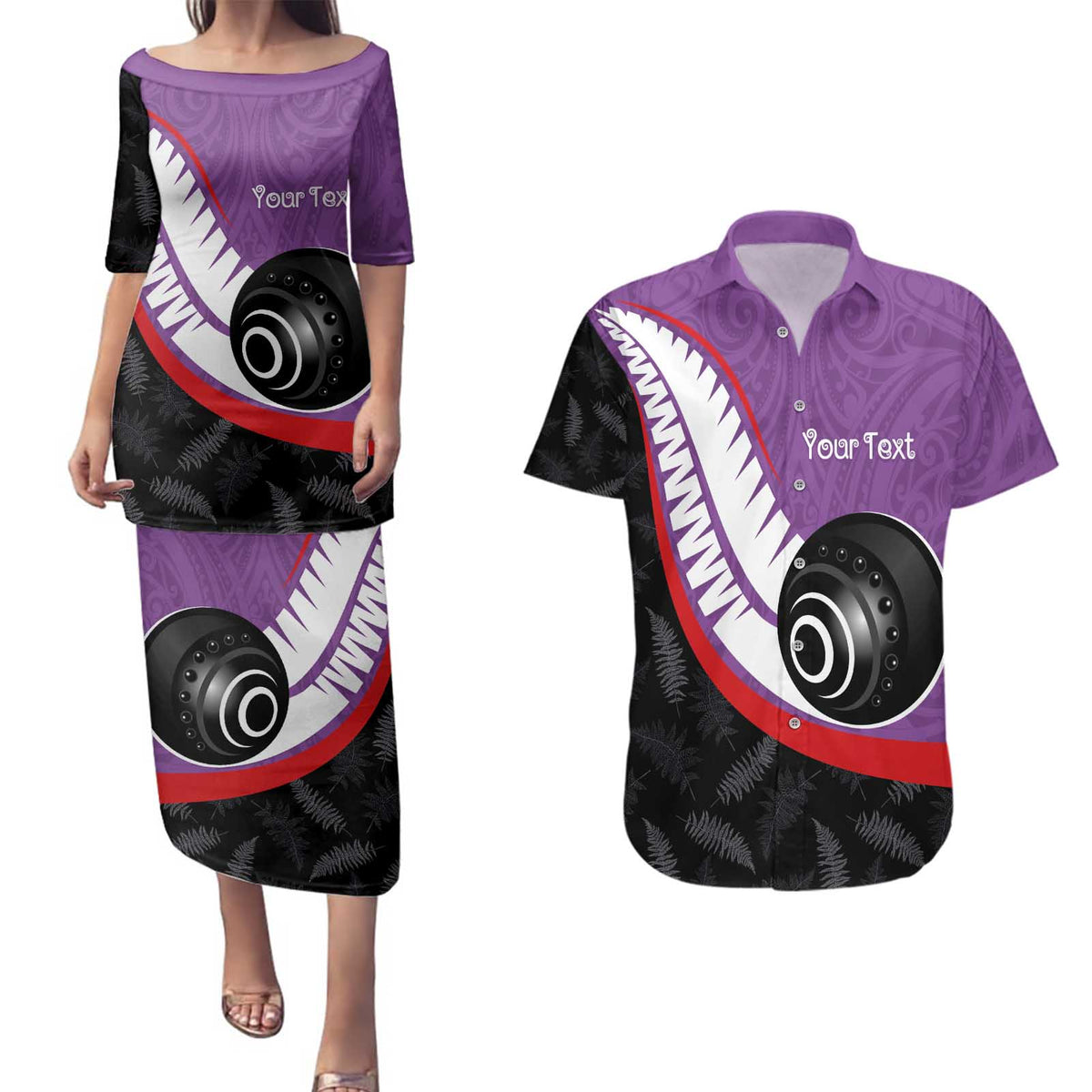 Personalised Aotearoa Lawn Bowls Couples Matching Puletasi and Hawaiian Shirt Maori and Silver Fern Sporty Style Purple Color LT03 Purple - Polynesian Pride