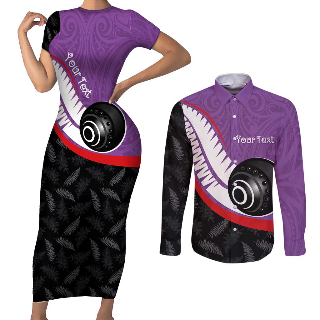 Personalised Aotearoa Lawn Bowls Couples Matching Short Sleeve Bodycon Dress and Long Sleeve Button Shirt Maori and Silver Fern Sporty Style Purple Color LT03 Purple - Polynesian Pride