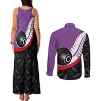 Personalised Aotearoa Lawn Bowls Couples Matching Tank Maxi Dress and Long Sleeve Button Shirt Maori and Silver Fern Sporty Style Purple Color LT03 - Polynesian Pride