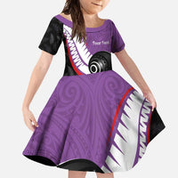 Personalised Aotearoa Lawn Bowls Family Matching Off Shoulder Maxi Dress and Hawaiian Shirt Maori and Silver Fern Sporty Style Purple Color LT03 Daughter's Dress Purple - Polynesian Pride