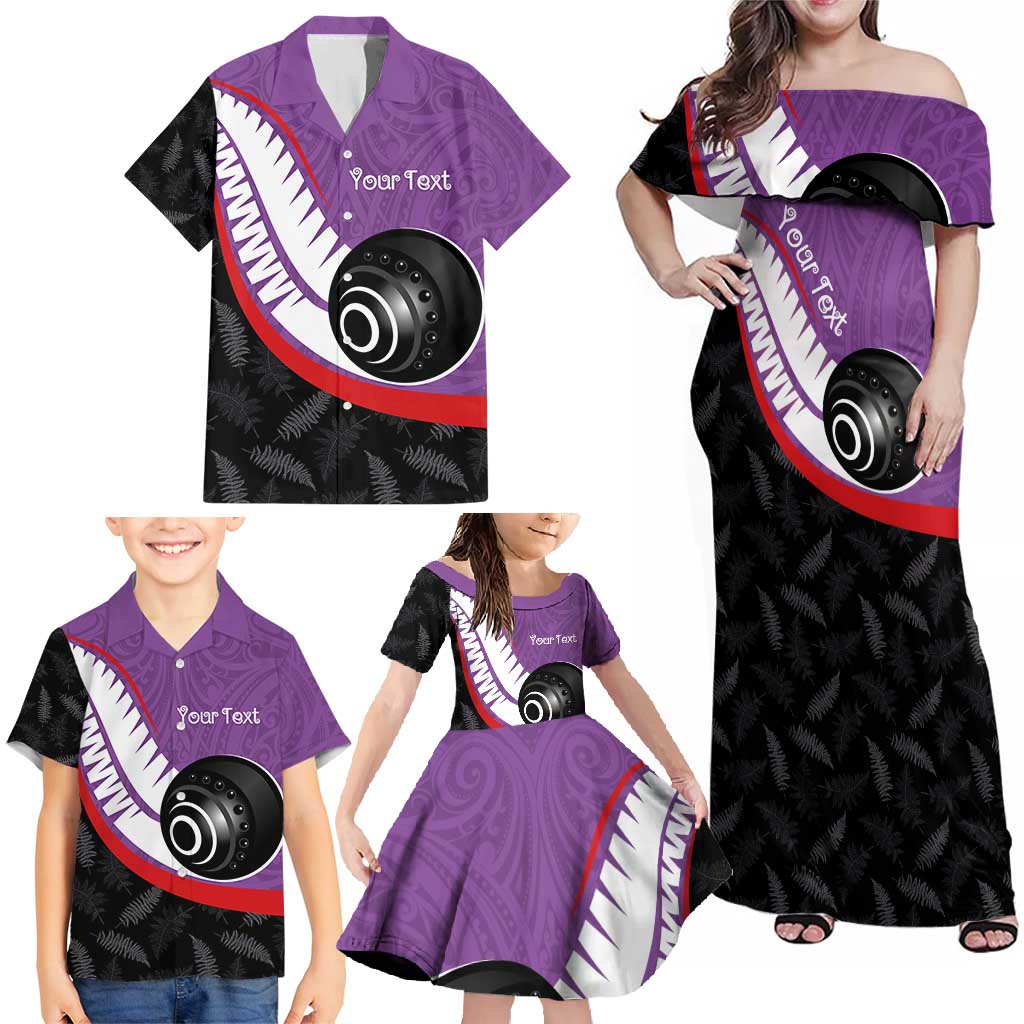 Personalised Aotearoa Lawn Bowls Family Matching Off Shoulder Maxi Dress and Hawaiian Shirt Maori and Silver Fern Sporty Style Purple Color LT03 - Polynesian Pride