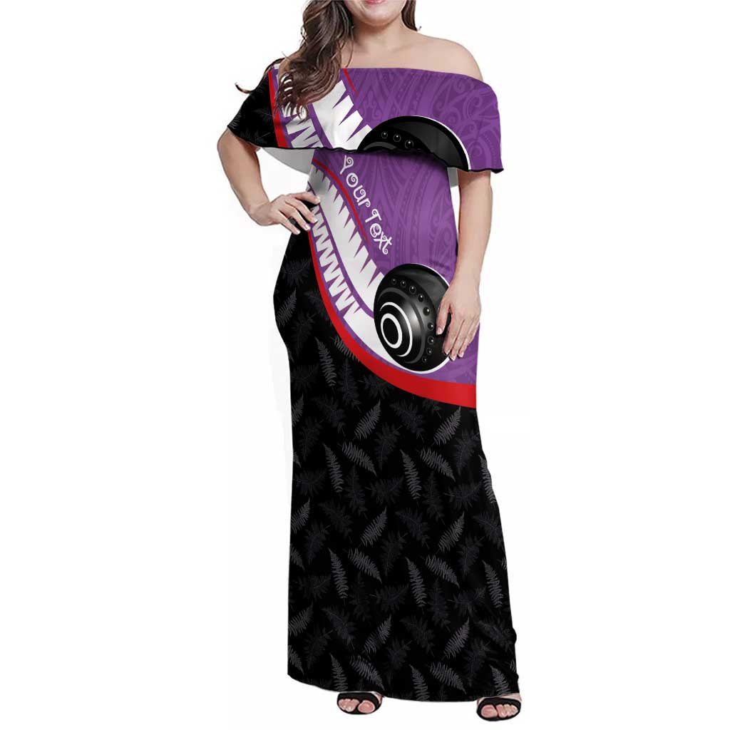 Personalised Aotearoa Lawn Bowls Family Matching Off Shoulder Maxi Dress and Hawaiian Shirt Maori and Silver Fern Sporty Style Purple Color LT03 Mom's Dress Purple - Polynesian Pride