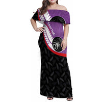Personalised Aotearoa Lawn Bowls Family Matching Off Shoulder Maxi Dress and Hawaiian Shirt Maori and Silver Fern Sporty Style Purple Color LT03 Mom's Dress Purple - Polynesian Pride