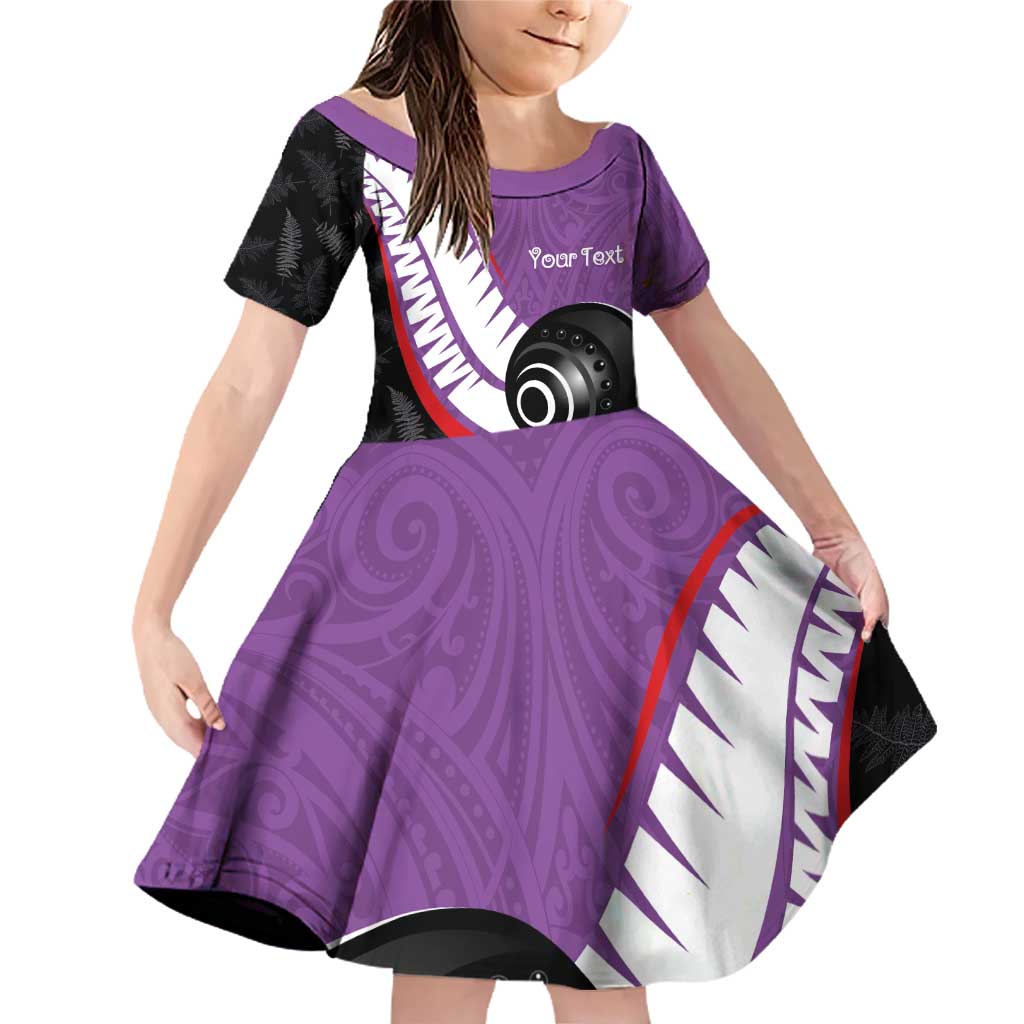 Personalised Aotearoa Lawn Bowls Family Matching Off Shoulder Short Dress and Hawaiian Shirt Maori and Silver Fern Sporty Style Purple Color LT03 Daughter's Dress Purple - Polynesian Pride