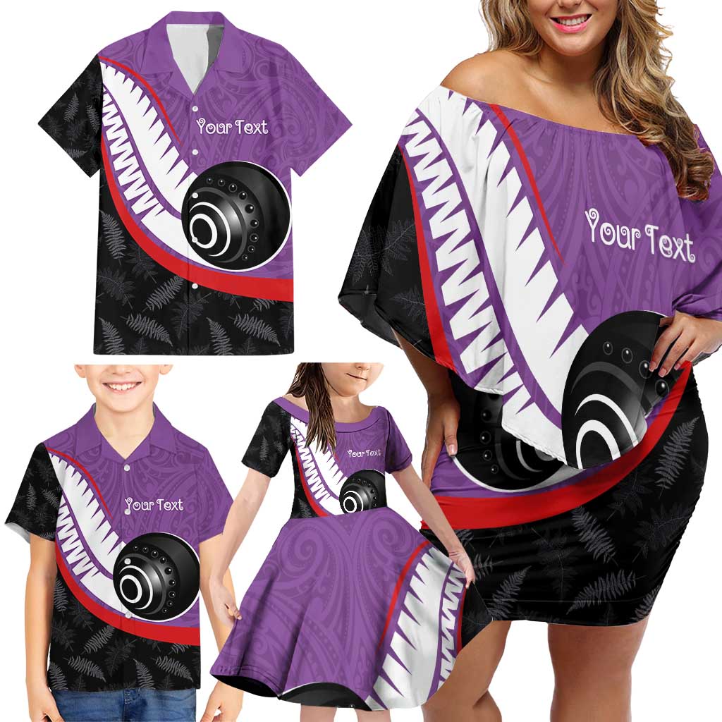 Personalised Aotearoa Lawn Bowls Family Matching Off Shoulder Short Dress and Hawaiian Shirt Maori and Silver Fern Sporty Style Purple Color LT03 - Polynesian Pride