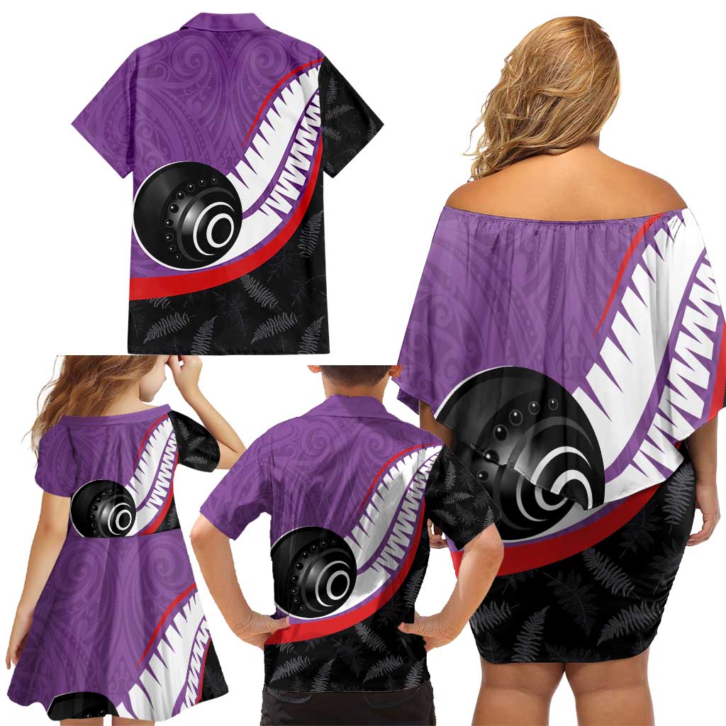 Personalised Aotearoa Lawn Bowls Family Matching Off Shoulder Short Dress and Hawaiian Shirt Maori and Silver Fern Sporty Style Purple Color LT03 - Polynesian Pride
