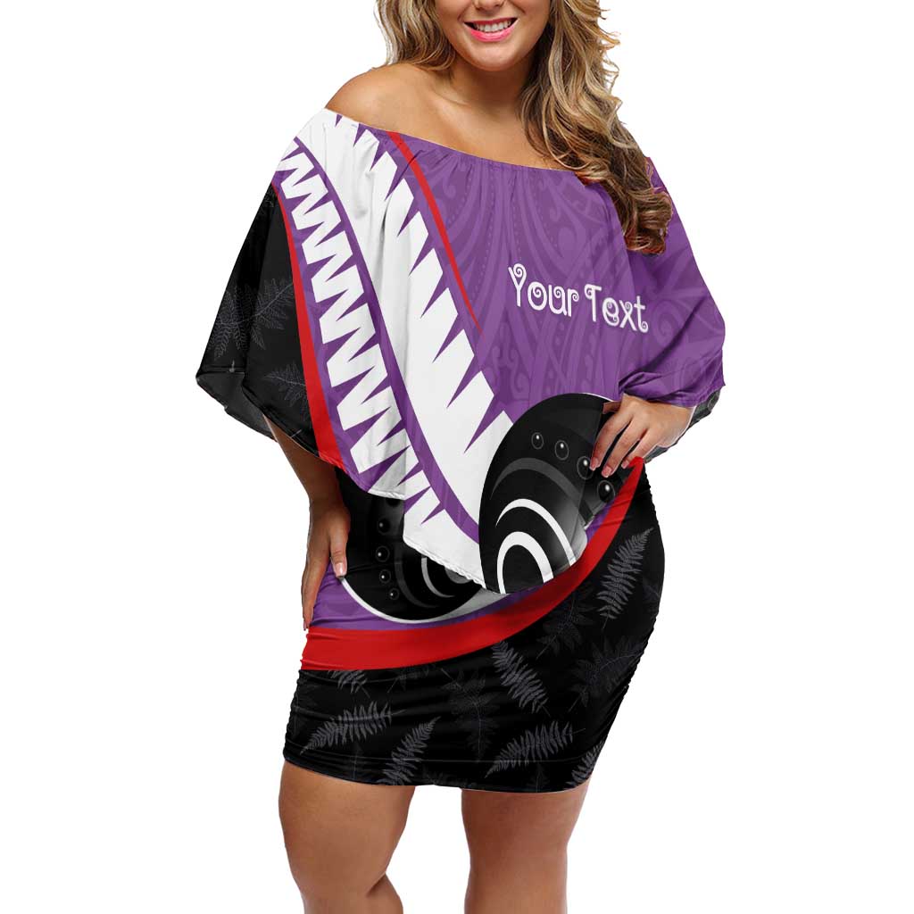 Personalised Aotearoa Lawn Bowls Family Matching Off Shoulder Short Dress and Hawaiian Shirt Maori and Silver Fern Sporty Style Purple Color LT03 Mom's Dress Purple - Polynesian Pride