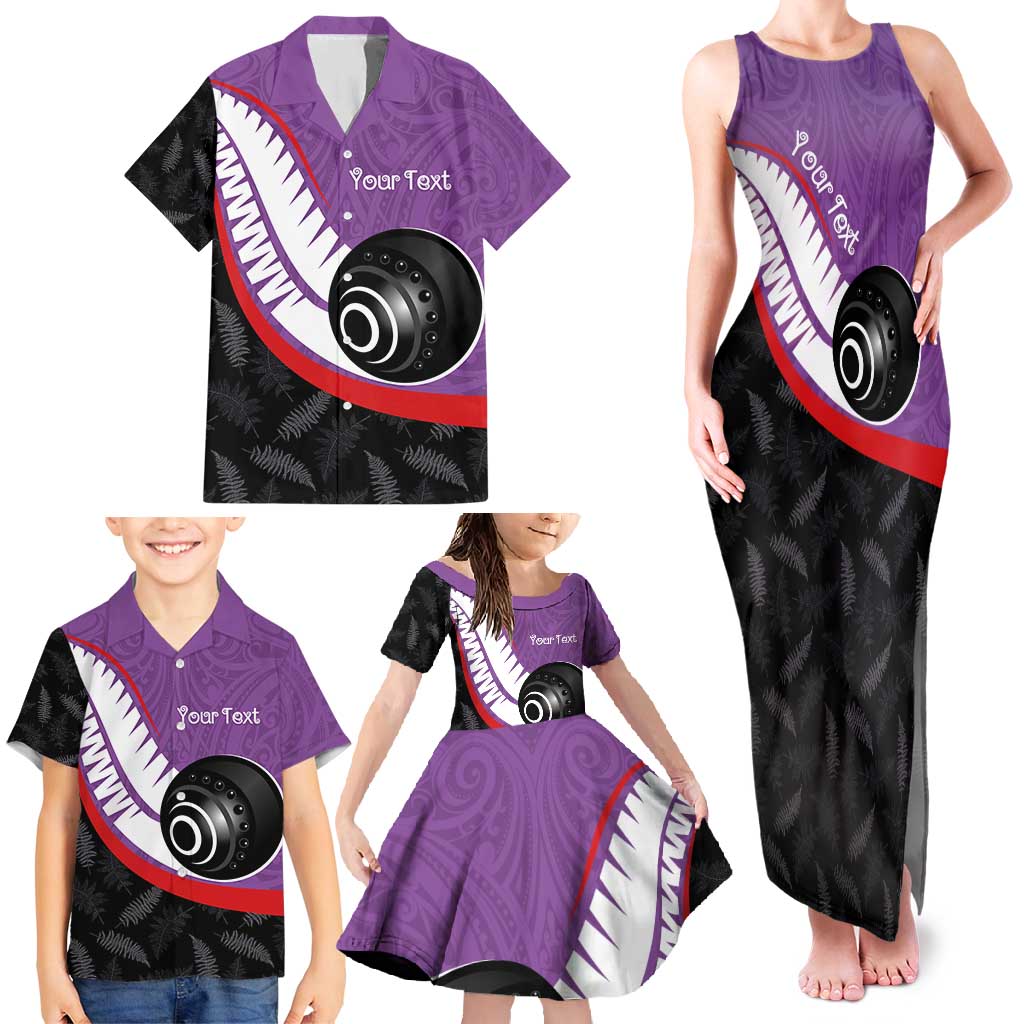 Personalised Aotearoa Lawn Bowls Family Matching Tank Maxi Dress and Hawaiian Shirt Maori and Silver Fern Sporty Style Purple Color LT03 - Polynesian Pride