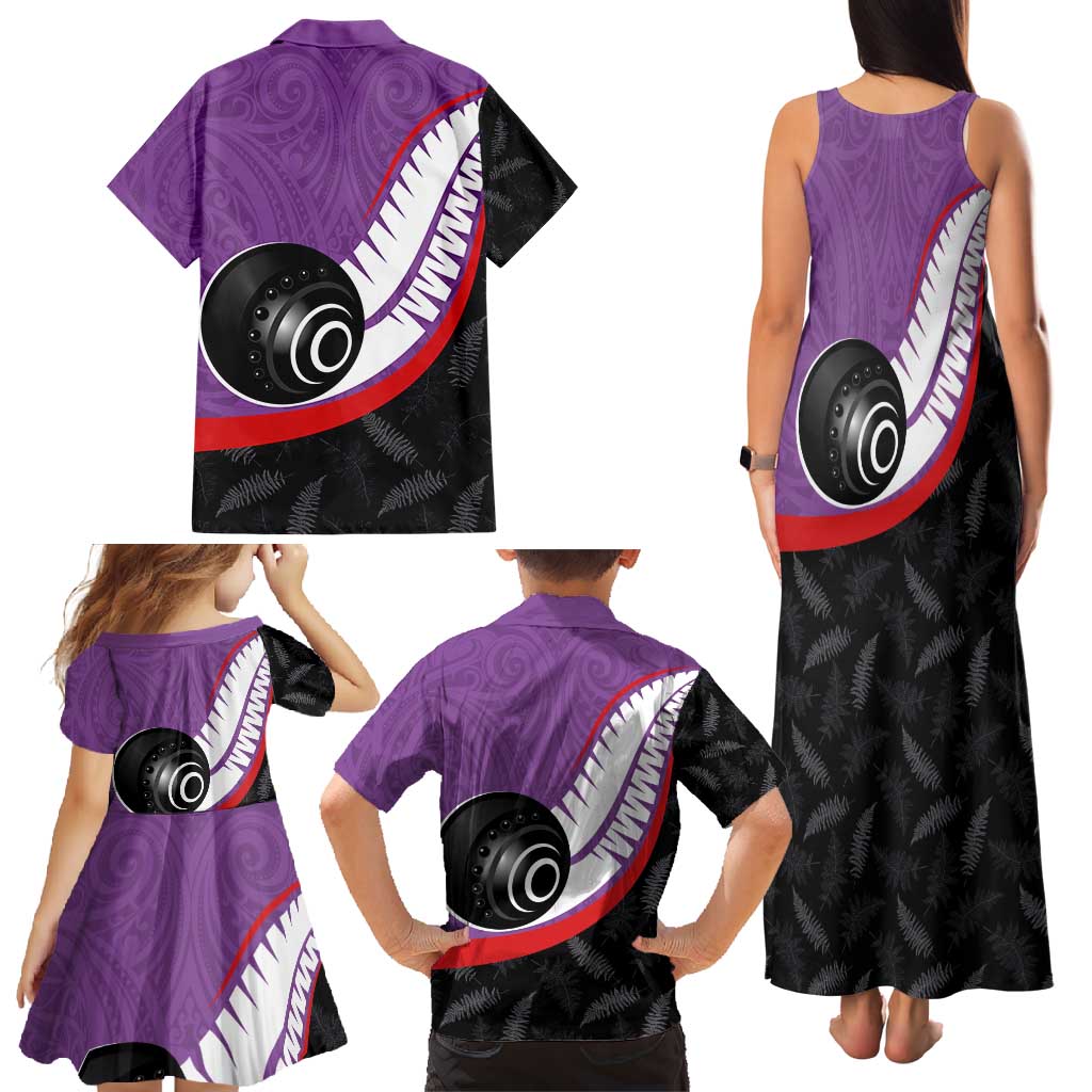 Personalised Aotearoa Lawn Bowls Family Matching Tank Maxi Dress and Hawaiian Shirt Maori and Silver Fern Sporty Style Purple Color LT03 - Polynesian Pride
