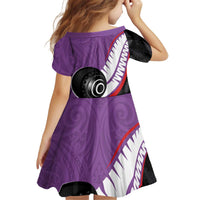 Personalised Aotearoa Lawn Bowls Kid Short Sleeve Dress Maori and Silver Fern Sporty Style Purple Color LT03 - Polynesian Pride