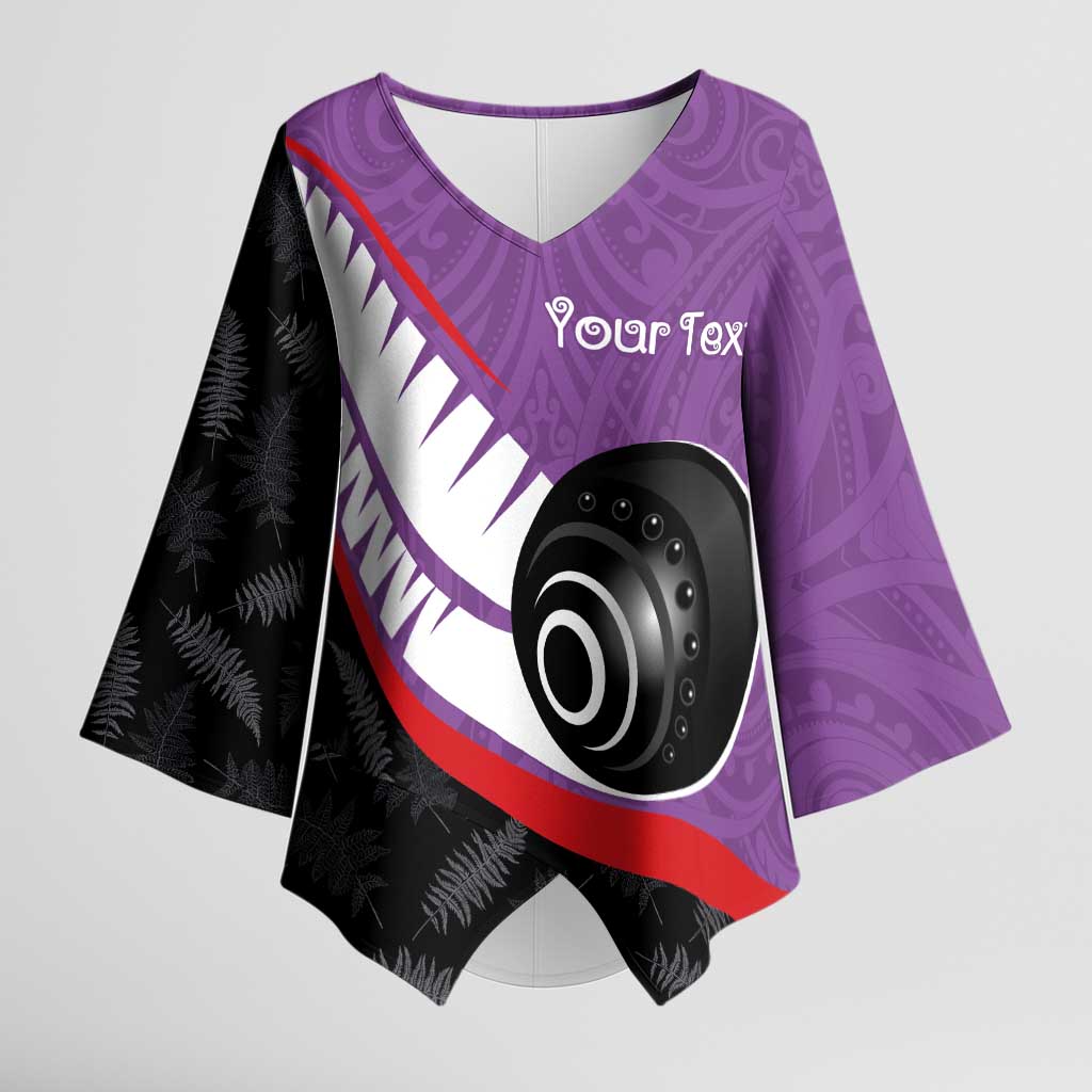Personalised Aotearoa Lawn Bowls Kimono Sleeve Blouse Maori and Silver Fern Sporty Style Purple Color LT03 Female Purple - Polynesian Pride