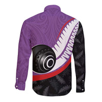 Personalised Aotearoa Lawn Bowls Long Sleeve Button Shirt Maori and Silver Fern Sporty Style Purple Color LT03 - Polynesian Pride