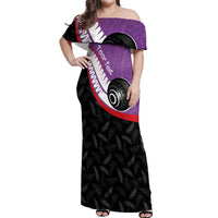 Personalised Aotearoa Lawn Bowls Off Shoulder Maxi Dress Maori and Silver Fern Sporty Style Purple Color LT03 Women Purple - Polynesian Pride