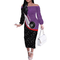 Personalised Aotearoa Lawn Bowls Off The Shoulder Long Sleeve Dress Maori and Silver Fern Sporty Style Purple Color LT03 Women Purple - Polynesian Pride