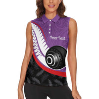 Personalised Aotearoa Lawn Bowls Women Sleeveless Polo Shirt Maori and Silver Fern Sporty Style Purple Color LT03 - Polynesian Pride