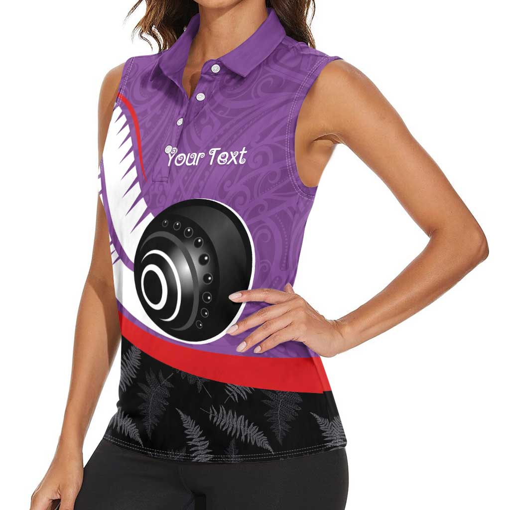 Personalised Aotearoa Lawn Bowls Women Sleeveless Polo Shirt Maori and Silver Fern Sporty Style Purple Color LT03 - Polynesian Pride