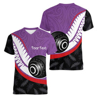 Personalised Aotearoa Lawn Bowls Women V-Neck T-Shirt Maori and Silver Fern Sporty Style Purple Color LT03 - Polynesian Pride
