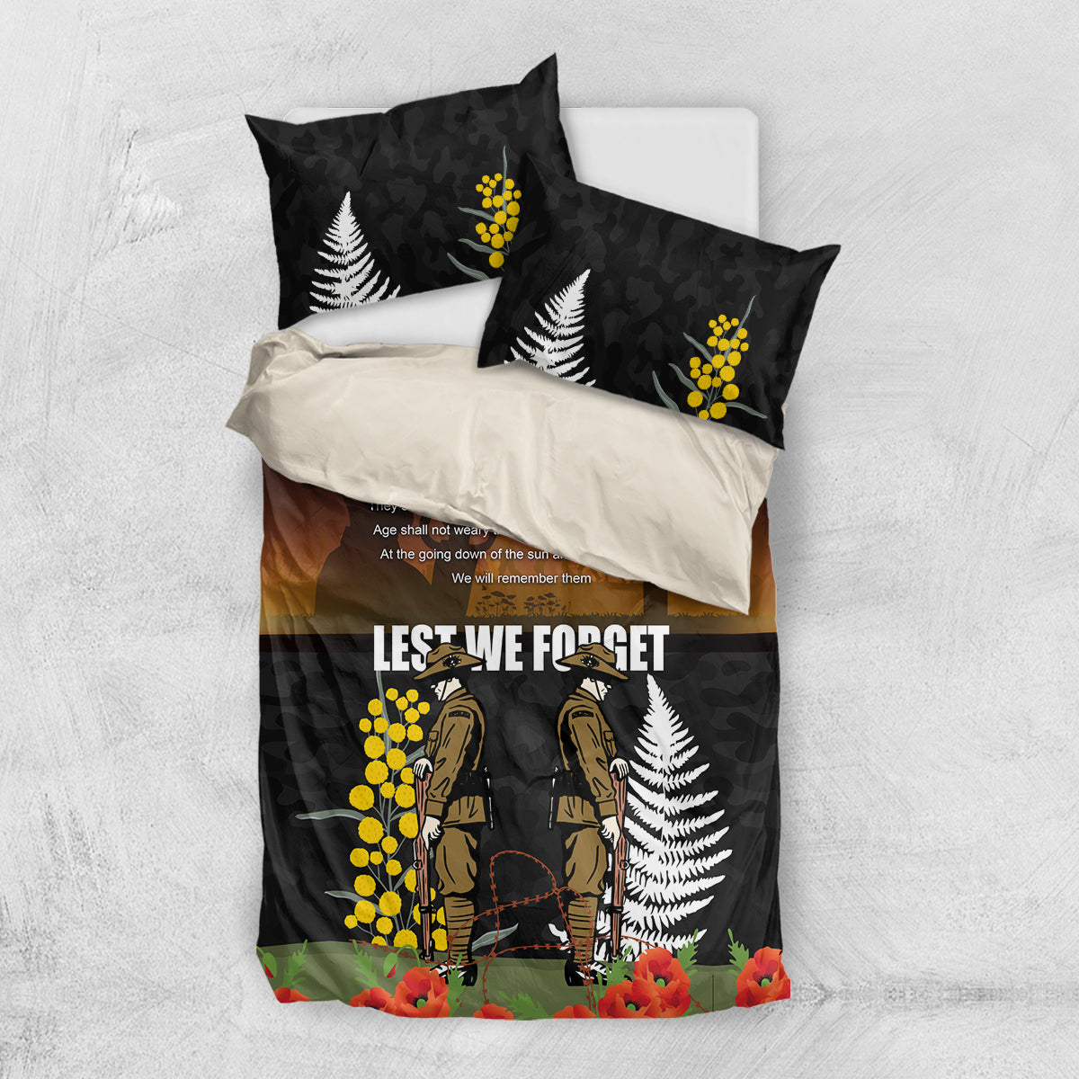 New Zealand and Australia ANZAC Day Bedding Set Soldier and Last Post Camouflage Pattern LT03 US Twin 172cm x 218cm Black - Polynesian Pride
