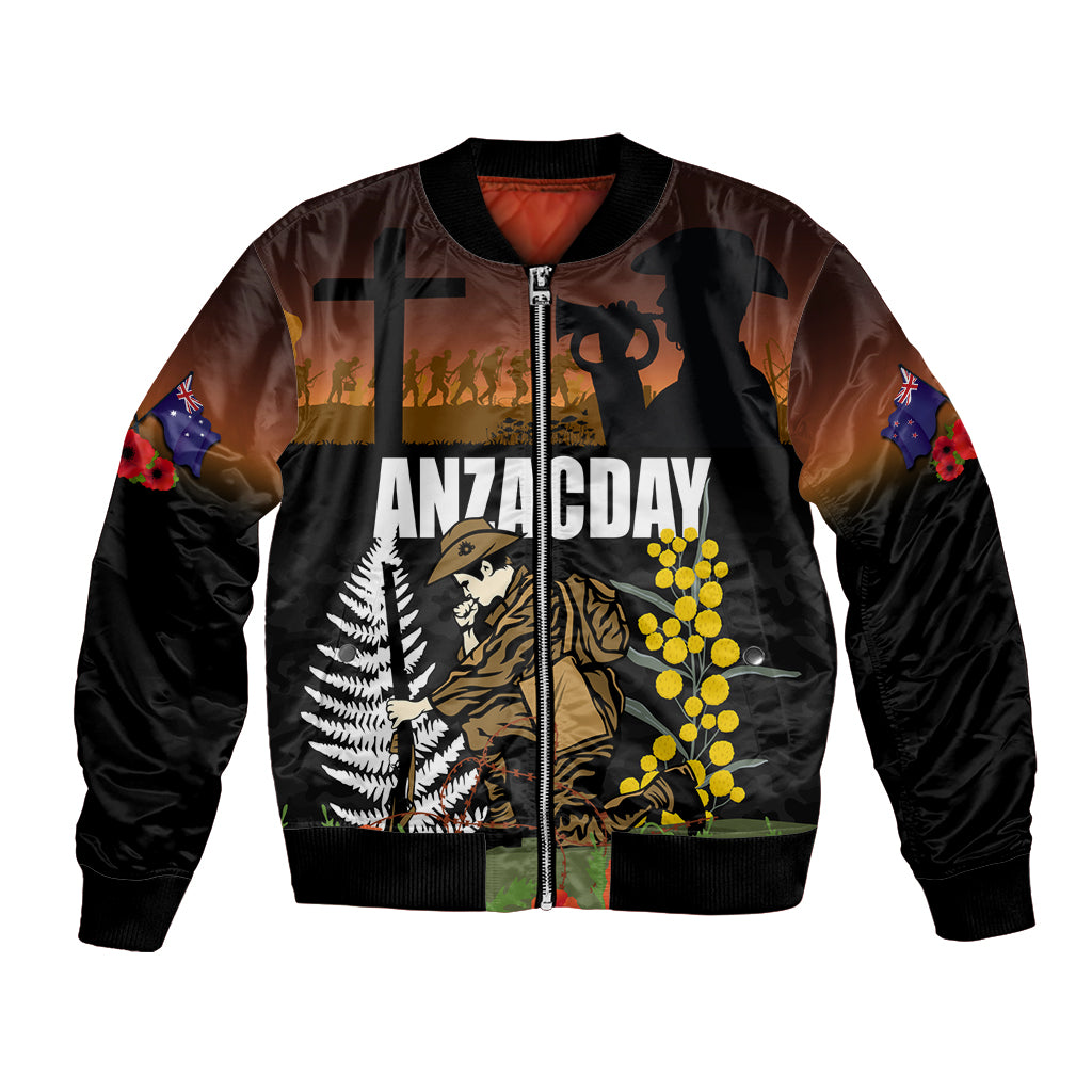 New Zealand and Australia ANZAC Day Bomber Jacket Soldier and Last Post Camouflage Pattern LT03 Unisex Black - Polynesian Pride