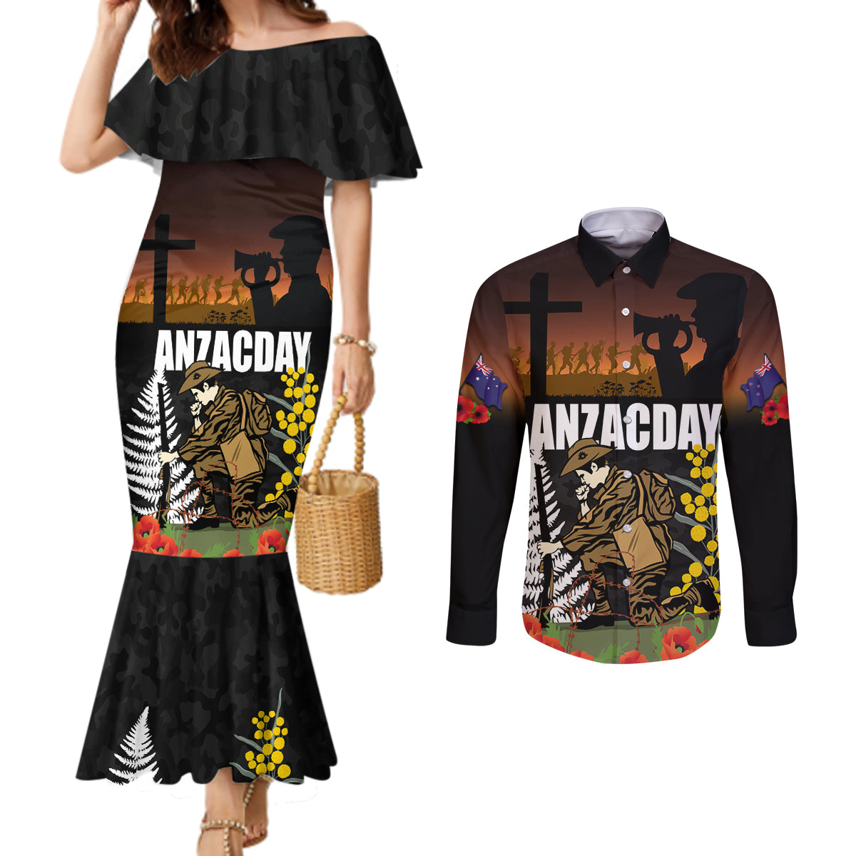 New Zealand and Australia ANZAC Day Couples Matching Mermaid Dress and Long Sleeve Button Shirt Soldier and Last Post Camouflage Pattern LT03 Black - Polynesian Pride