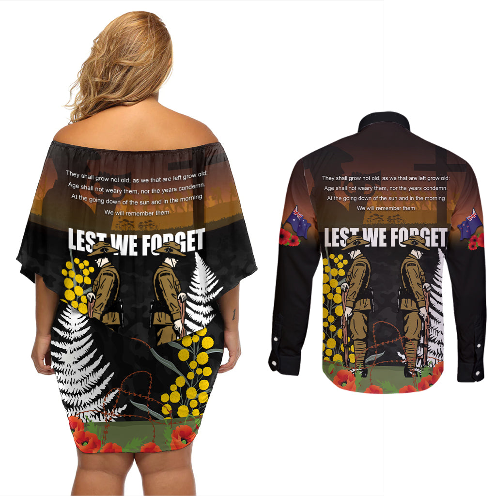 New Zealand and Australia ANZAC Day Couples Matching Off Shoulder Short Dress and Long Sleeve Button Shirt Soldier and Last Post Camouflage Pattern LT03 - Polynesian Pride