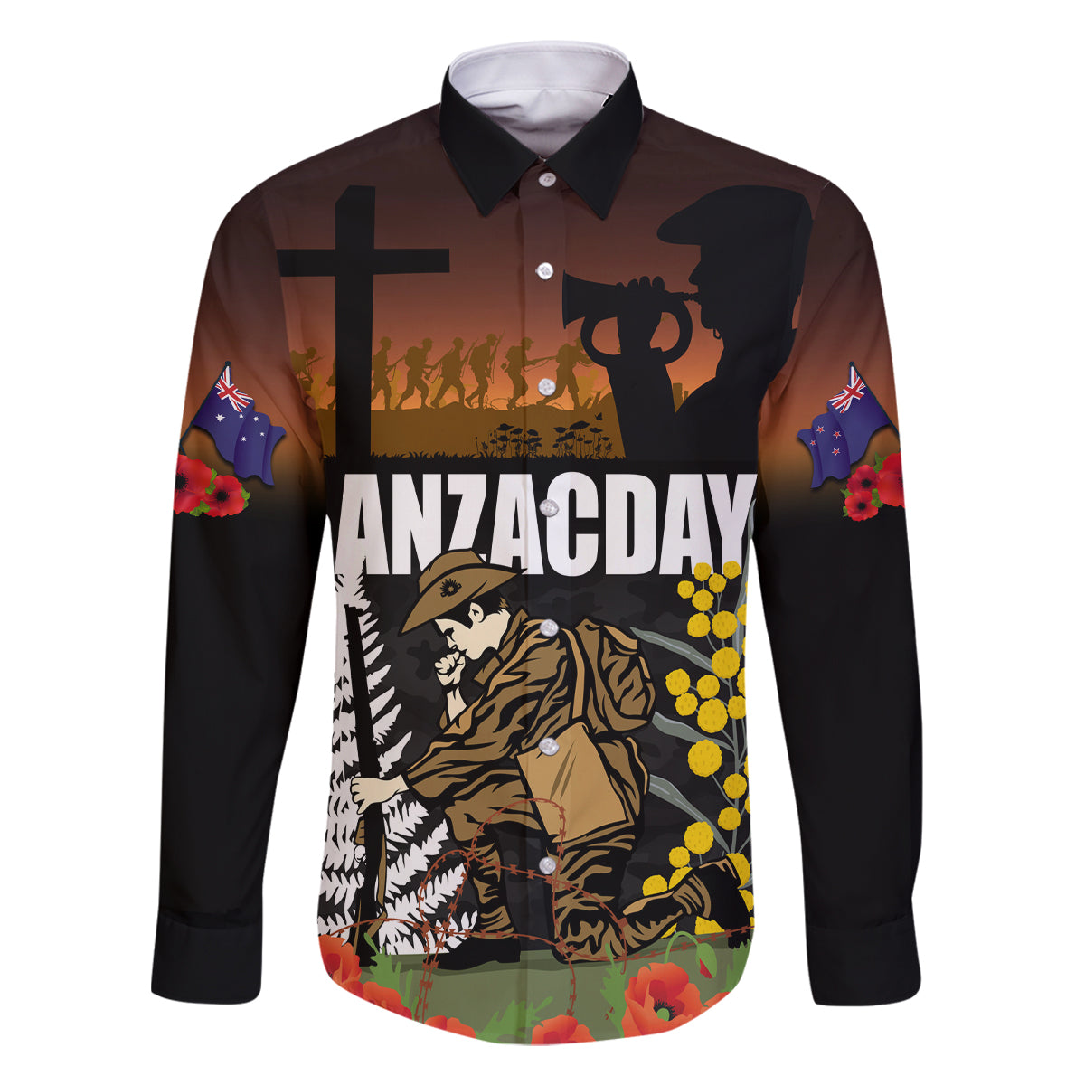 New Zealand and Australia ANZAC Day Family Matching Mermaid Dress and Hawaiian Shirt Soldier and Last Post Camouflage Pattern LT03 Dad's Shirt - Long Sleeve Black - Polynesian Pride