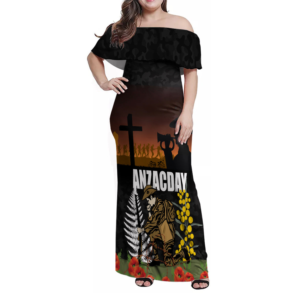 New Zealand and Australia ANZAC Day Family Matching Off Shoulder Maxi Dress and Hawaiian Shirt Soldier and Last Post Camouflage Pattern LT03 Mom's Dress Black - Polynesian Pride