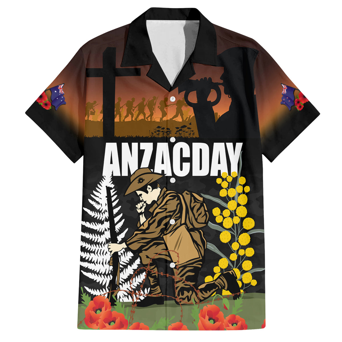 New Zealand and Australia ANZAC Day Family Matching Summer Maxi Dress and Hawaiian Shirt Soldier and Last Post Camouflage Pattern LT03 Dad's Shirt - Short Sleeve Black - Polynesian Pride